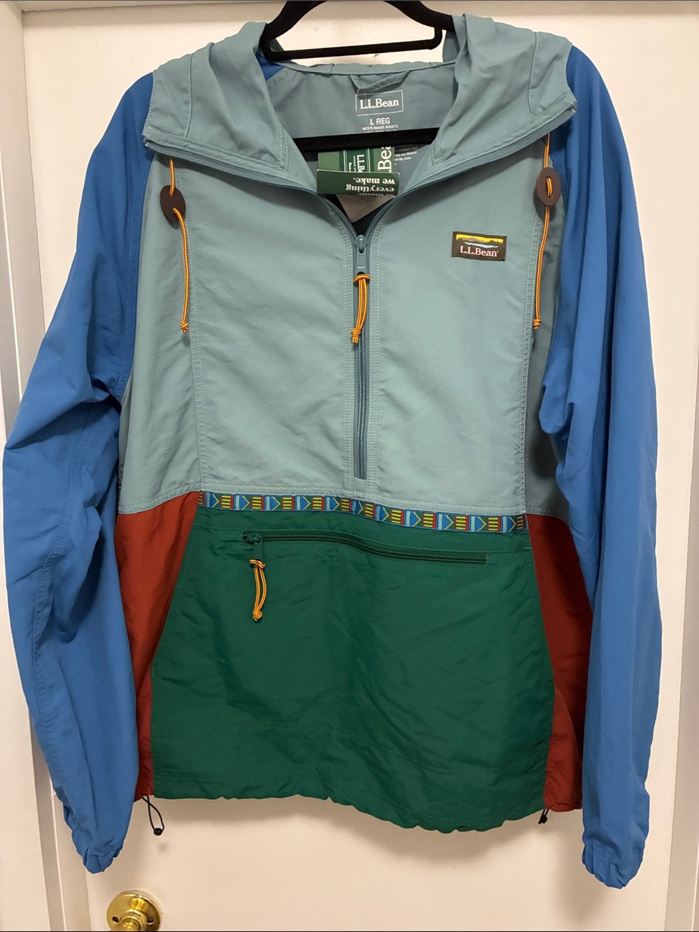 L.L. Bean Colorblock Hooded Anorak Jacket in Light Teal/Blue/Green